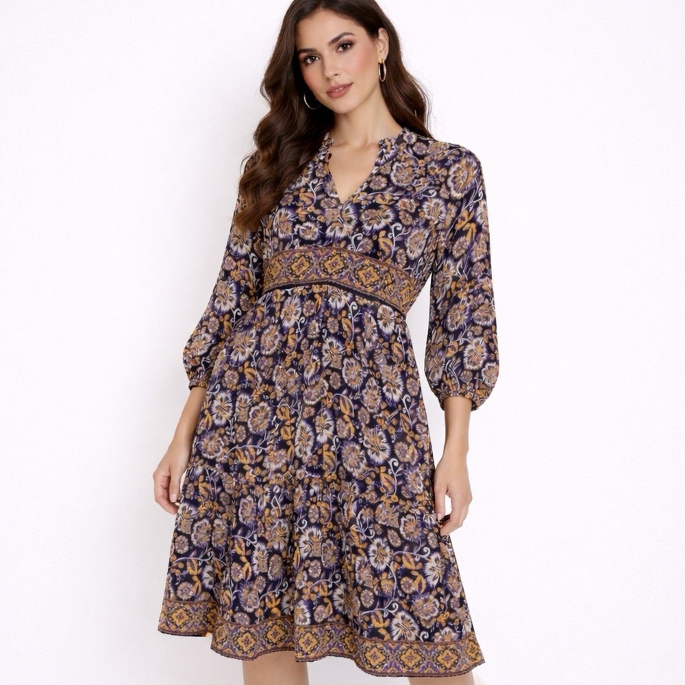 Bila Womens Large Dress Midi Boho Navy Floral Festival Empire Guazy Puff Sleeve